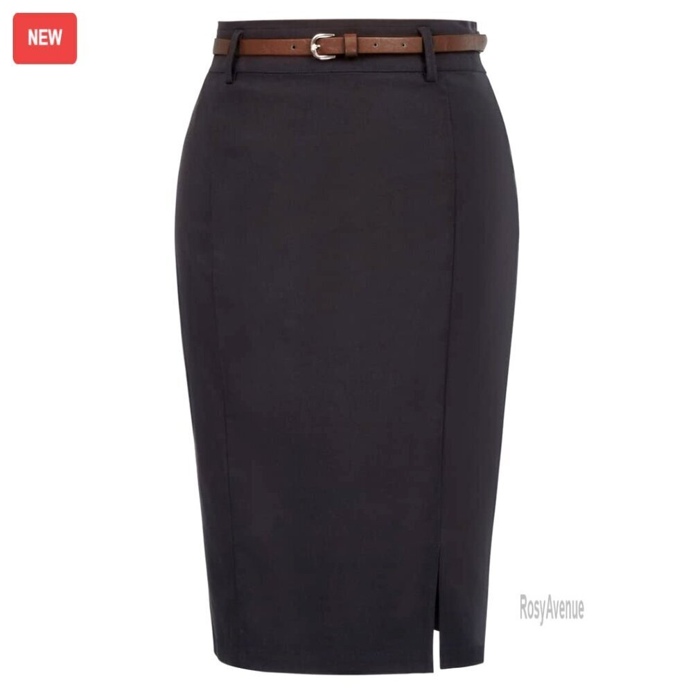 Stretchy Bodycon Pencil Skirt with Belt, Knee Length, Professional Workwear